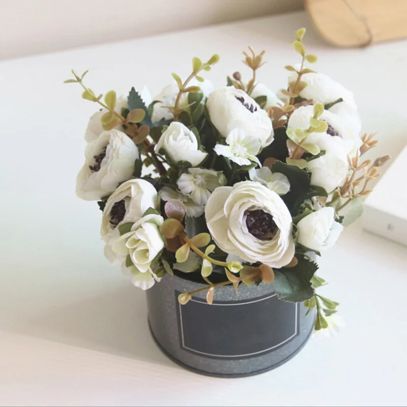 

Artificial Rose Flower Potted Plant Mini Bonsai Set Real Touch Fake Flower Bouquets for Wedding Decoration Home Party Supplies