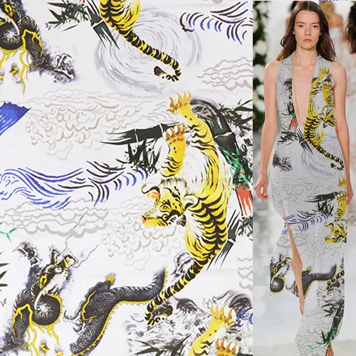

China design tiger and dragon print stretch silk satin Charmeuse fabric,SSC383