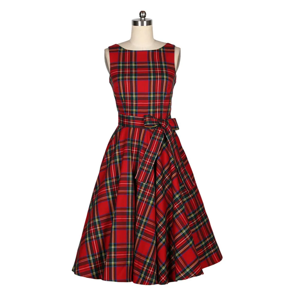 Women Retro style red plaid dress Vintage Floral Bodycon Plaid