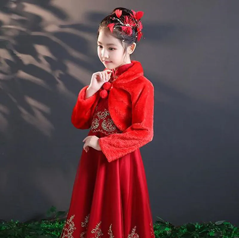 Long Faux Fur Children Shawl Jacket Wrap Shrug Bolero Coat For Kids Little Girl with Long Sleeves Winter White Black