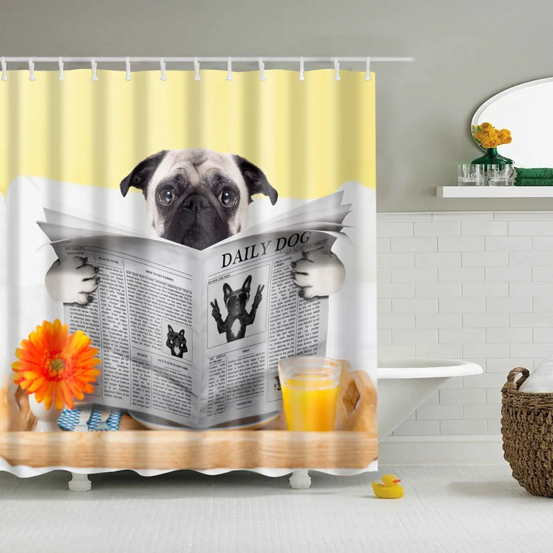 2018 Luxury Smart Funny dog Pug Newspaper Shower Curtains Custom Design