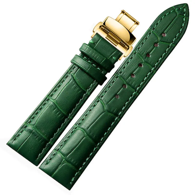 Genuine Leather Green bamboo grain Watchband Butterfly Buckle 12mm 14mm