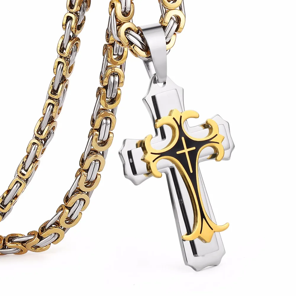 

Stainless Steel Chain Men Necklace Gold Black Fleur-de-lis Cross Pendant cadenas para hombre Long Chains 55 60 65 70cm NZ004
