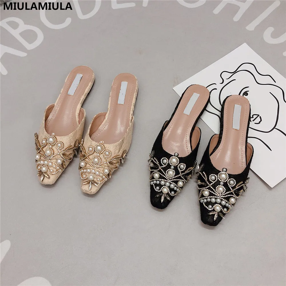 

MIULAMIULA Brand Designers 2019 New Fashion Luxury Pearl String Bead Air Mesh Ladies Slippers Slip On Loafers Mules Flip Flops