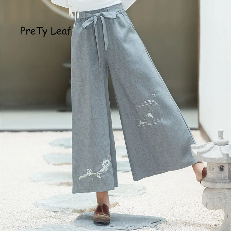 2018 new spring and summer retro embroidered cotton and linen wide leg pantslinen wide leg