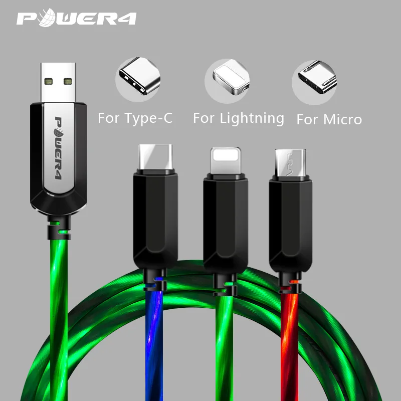 Power4 кабель USB Type C с зарядным устройством для iPhone Quick Charge 3 0 светящиеся кабели Micro