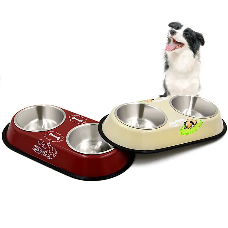 Pet Dog Bowl Food Water Dish Stainless Steel Pets Feeder Double Bowls