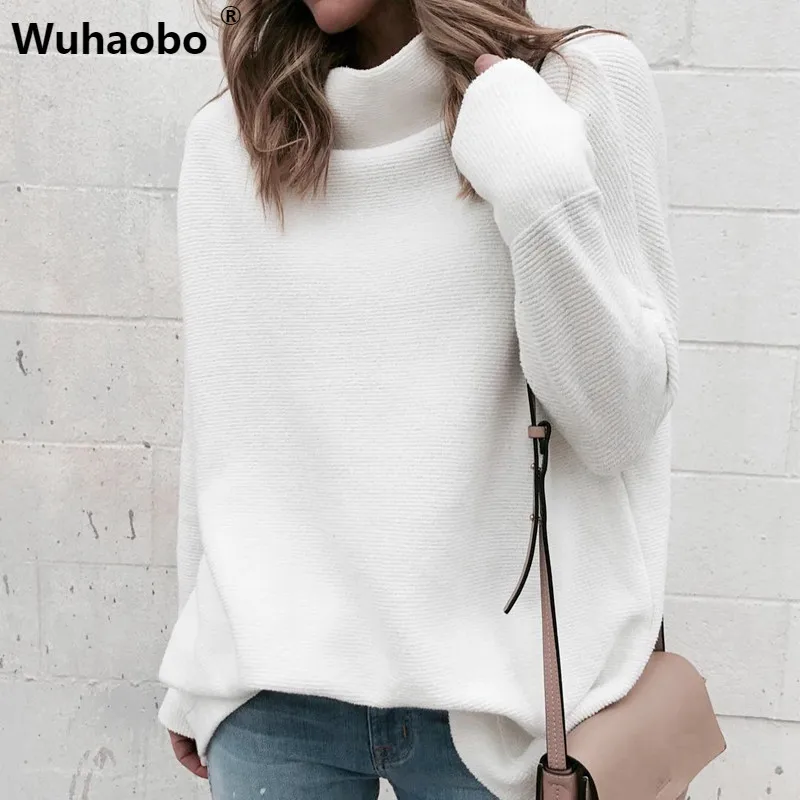 

Women White Sweaters Fashion Long Sleeve Casual Loose Turtleneck Sweaters and Pullovers Female Winter Knitted Jumpers