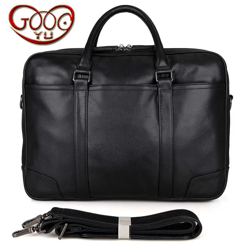 

Men's leather cross section square hand-held business bag 15-inch computer briefcase double main bag black handbag
