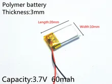 3.7V 60mAh Rechargeable li Polymer Li-ion Battery For bluetooth headset mp3 mp4 mp5 speaker mouse recorder 301020 031020