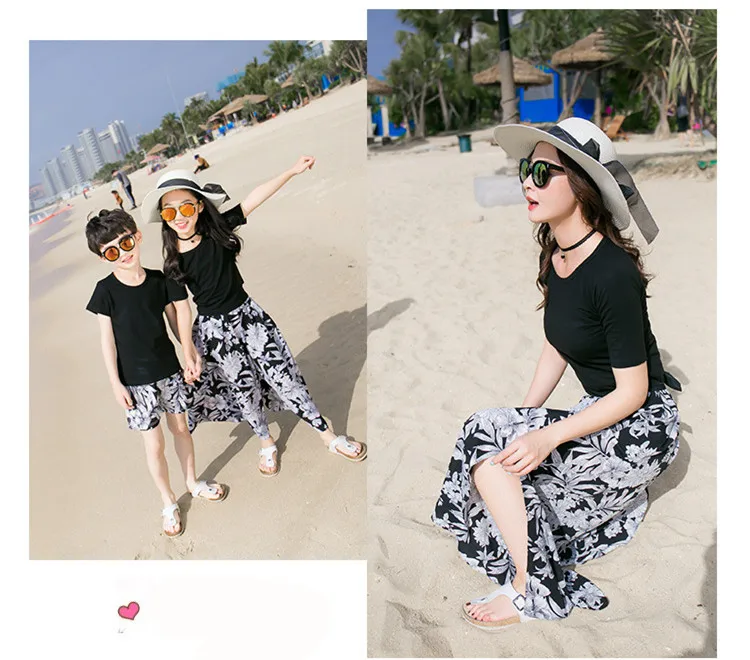 Family matching outfits T shirt father and son short pants mother and daughter loose pants set 14