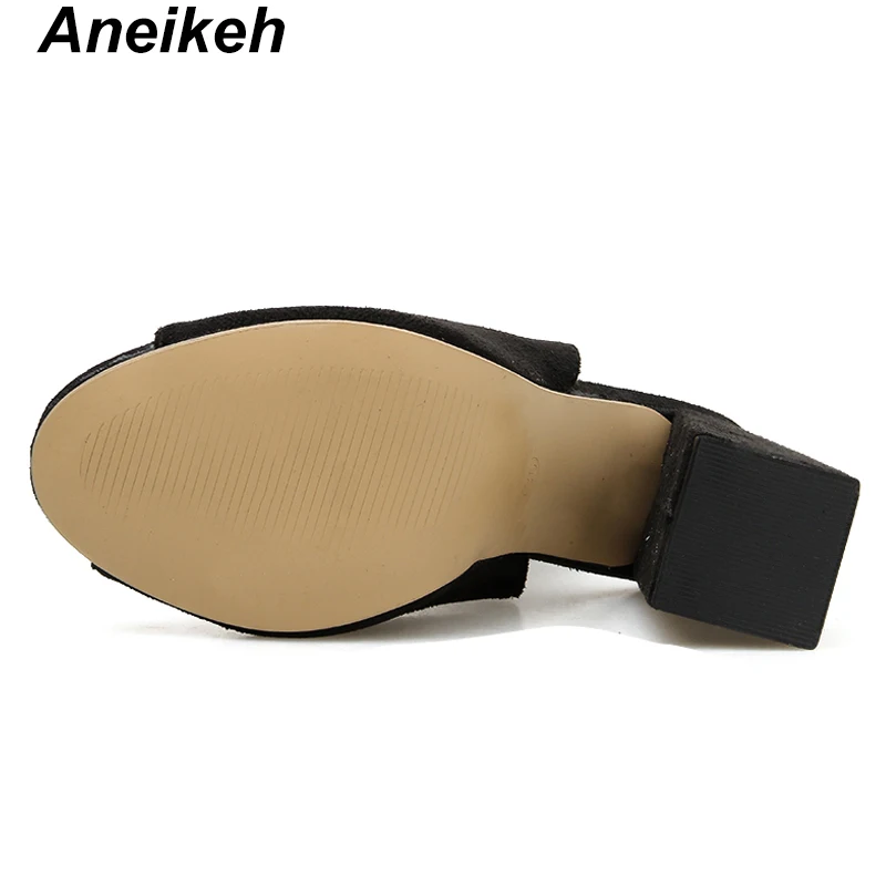 Aneikeh/; классические женские ботинки из флока; летние туфли с открытым носком на высоком квадратном каблуке; женские ботильоны с пряжкой и ремешком; размер 42