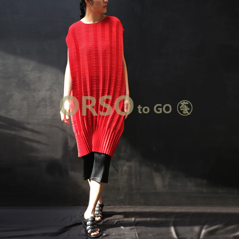 Very Cheap y64LD Changpleat 2019 Summer New Women Loose Dress Miyak Pleated Fashion Design Short sleeve O neck Solid Large Size Female Dress Tide