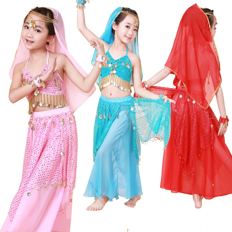 

Child indian dance clothes belly dance costume set performance wear include top/skirt/headband and bracelet 4pcs for child