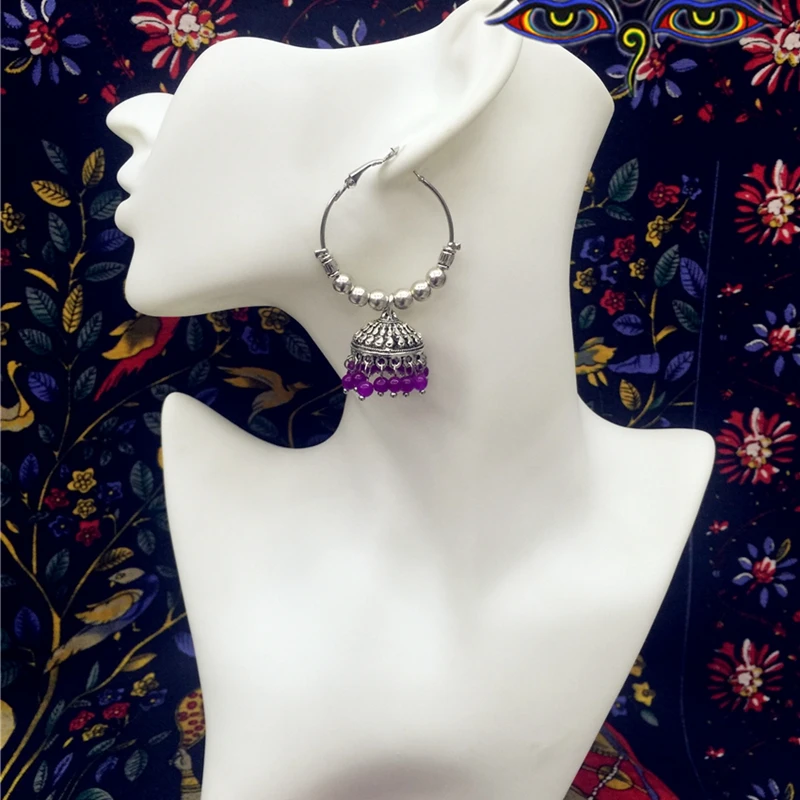 

Original India Handmade Traditional Birdcage Earbob Purple Bead DIY Ancient Silver Round Big Earring Thailand Retro Jewelry