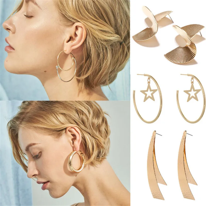 

5 Styles Geometric Circle Star Hoop Earrings for Women Brincos 2018 Steampunk Style Women Party Jewelry Accessories KNAHP02