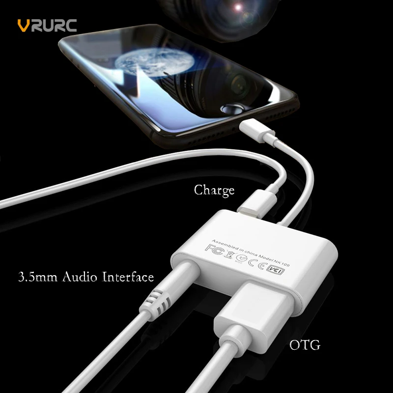 Vrurc For Lightning to 3.5mm AUX Converter Cable 3 in 1 USB 3.0 OTG
