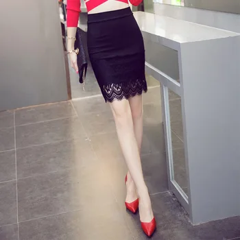 

2019 The New Big Yards Elastic Hem Lace Stitching Show Thin Buttock One Pace Skirt Package Skirts Female Professional Dress