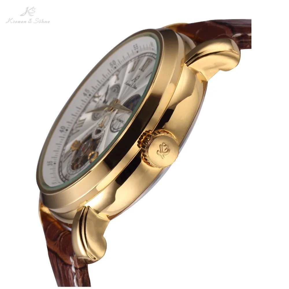 الملاح KS الذهبي حالة التلقائي الذاتي الرياح الشمس القمر يوم ليلة عرض حلقة من جلد الرجال ساعات آلية/KS220 الملاح KS الذهبي حالة التلقائي الذاتي الرياح الشمس القمر يوم ليلة عرض حلقة من جلد الرجال ساعات آلية/KS220