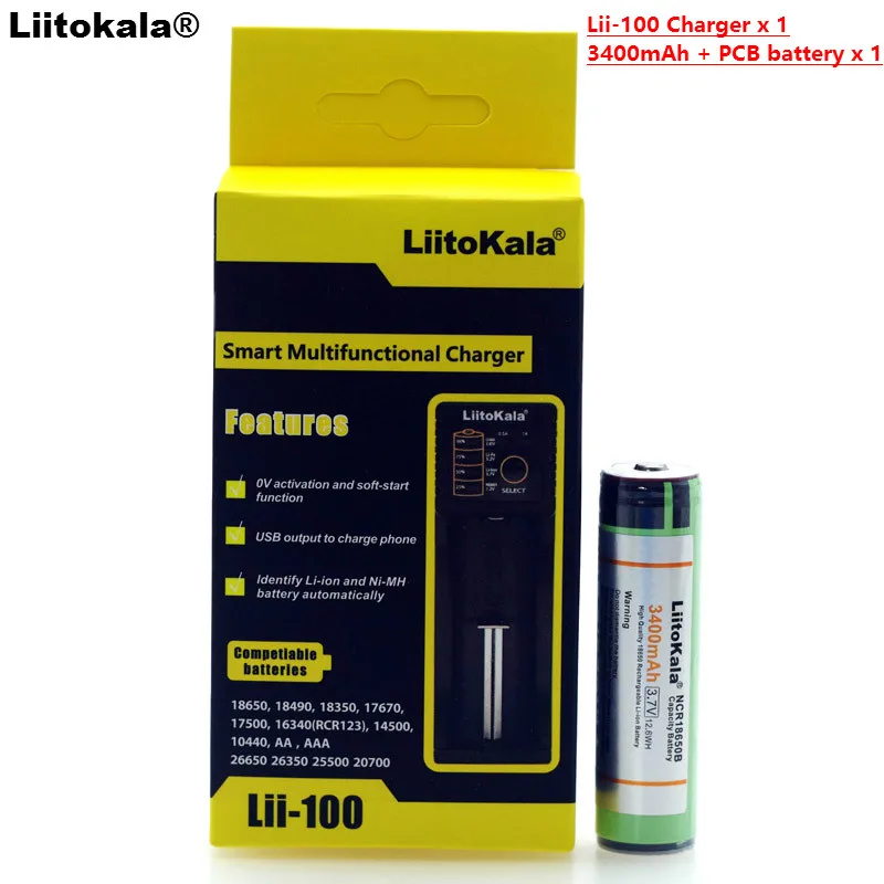 

Liitokala lii-100 1.2V 3.2V 3.7V 26650 Charger+1PCS Protection NCR18650B 3400mAh 18650 Rechargeable Battery +PCB For Panasonic