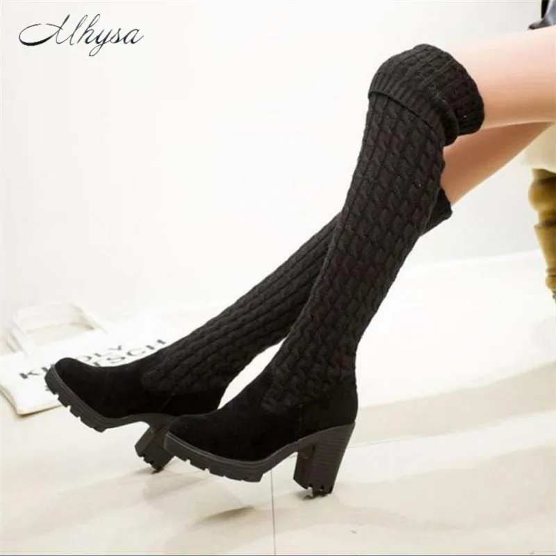 

Mhysa 2018 Autumn winter new Korean version of the Knitting long boots over the knee women's boots suede knitting boots Z38
