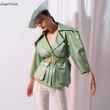 Зеленая Глянцевая куртка с металлическим поясом, Женское пальто, осень, винтажная куртка, свободное специальное пальто, пальто в стиле панк, большие размеры LT673S50