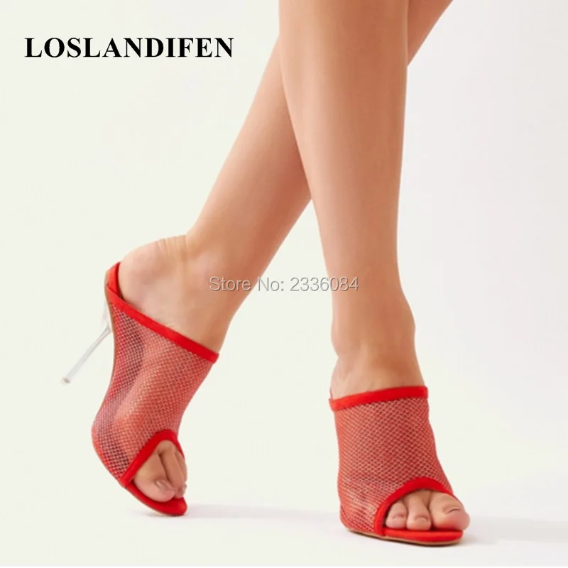 

LOSLANDIFEN 2018 Brand New Designer Shoes Fashion Street Look Clear Heel Mesh Mulers Peep Toes Sexy Ladies Summer Heels Woman