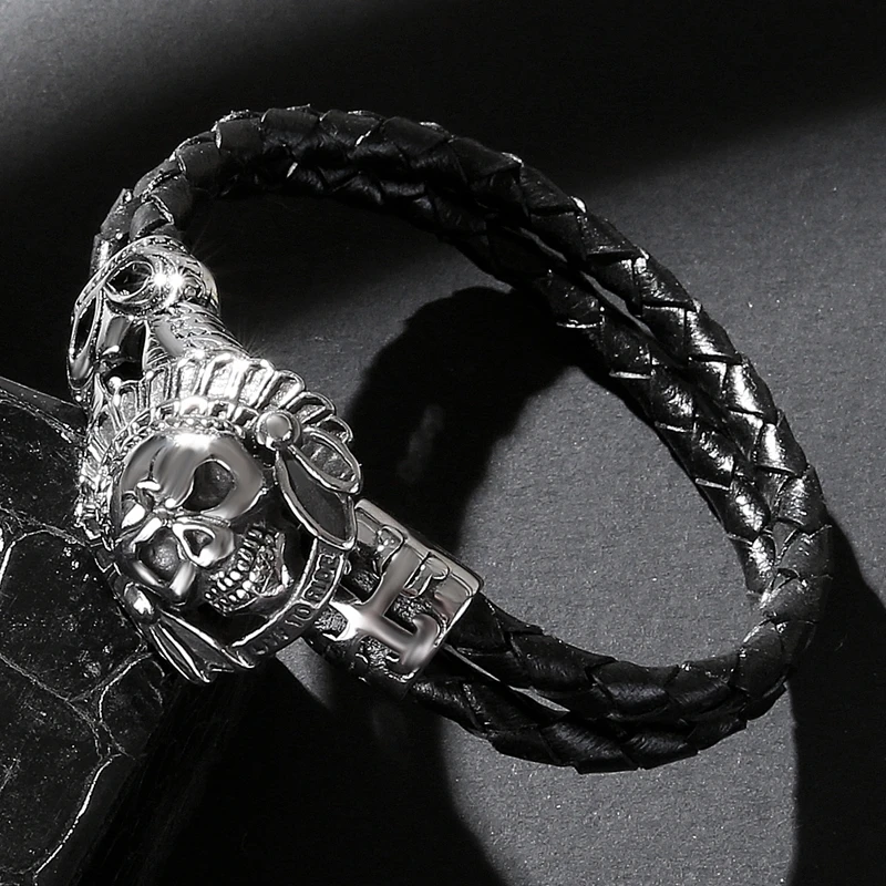 Men Black Leather Bracelet Titanium Steel Indian Skull Bracelet Leather Knit High Quality