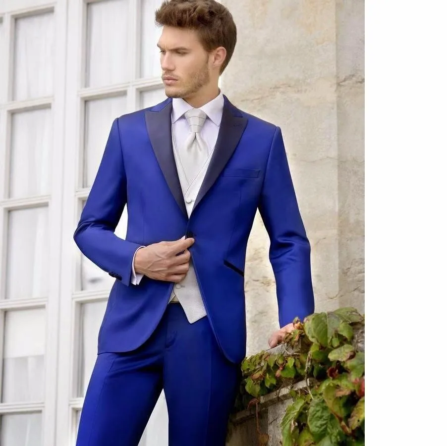 15.1 New Fashion One Button Royal Blue Groom Tuxedos Peak Lapel Wedding handsome Christmas Suit(Jacket+Pants+Tie)