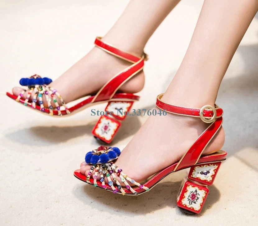

Bling Bling Crystal Flower Thick Heel Sandals Open Toe Narrow Band Square Heel Sandals New Arrivals Retro Buckle Strap Sandals