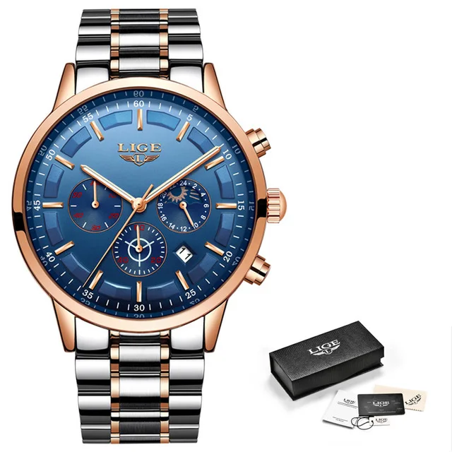 Rose gold blue Lige top бренд класса люкс Для Мужчин's армейские спортивные часы Для Мужчин's Нержавеющая сталь Водонепроницаемый кварцевые часы Relogio Masculino Для мужчин s часы - Цвет: Rose gold blue