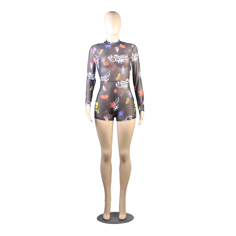 Cartoon Printed Bodycon Bodysuit Long Sleeve Mesh Bandage Jumpsuits For Women 2019 See Through Sexy Midi Playsuits Club Wear Cartoon Printed Bodycon Bodysuit Long Sleeve Mesh Bandage Jumpsuits For Women 2019 See Through Sexy Midi Playsuits Club Wear