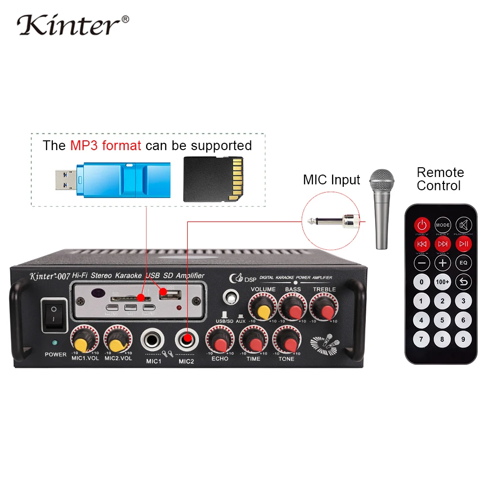 

Kinter-007 power amplifier audio supply AC110V power paly mp3 formats with USB SD AUX offer TOW MIC input volume control