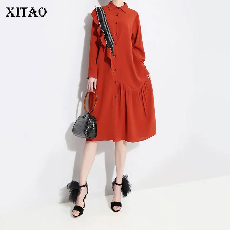 

XITAO Floral Pleated Midi Dress Women Clothes 2019 Turn Down Collar A Line Agaric Lace Patchwork Single Breasted Korea WBB2550