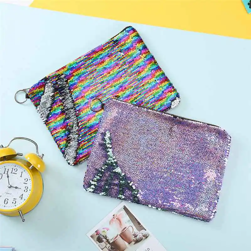 

New Fashion Sequin Cosmetic Bag Makeup Zipper Beauty Bag Two-Color Flip Portable Clutch Zipper Make Up Functional Bag