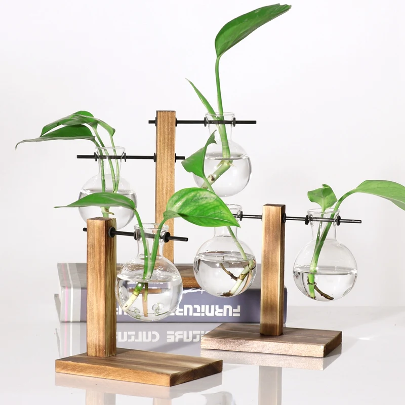 Hydroponic завод дисплей круглая объемная ваза в деревянные цветочные горшки завод стеклянный контейнер с деревянной подставкой офиса и дома рабочего стола Декор