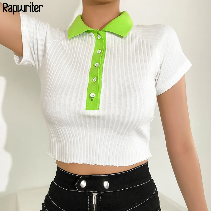 

Rapwriter Casual Ribbed Panelled Turn-down Collar White T-Shirt Women Button 2019 Summer Short Sleeve Stretch Crop Tops feminina