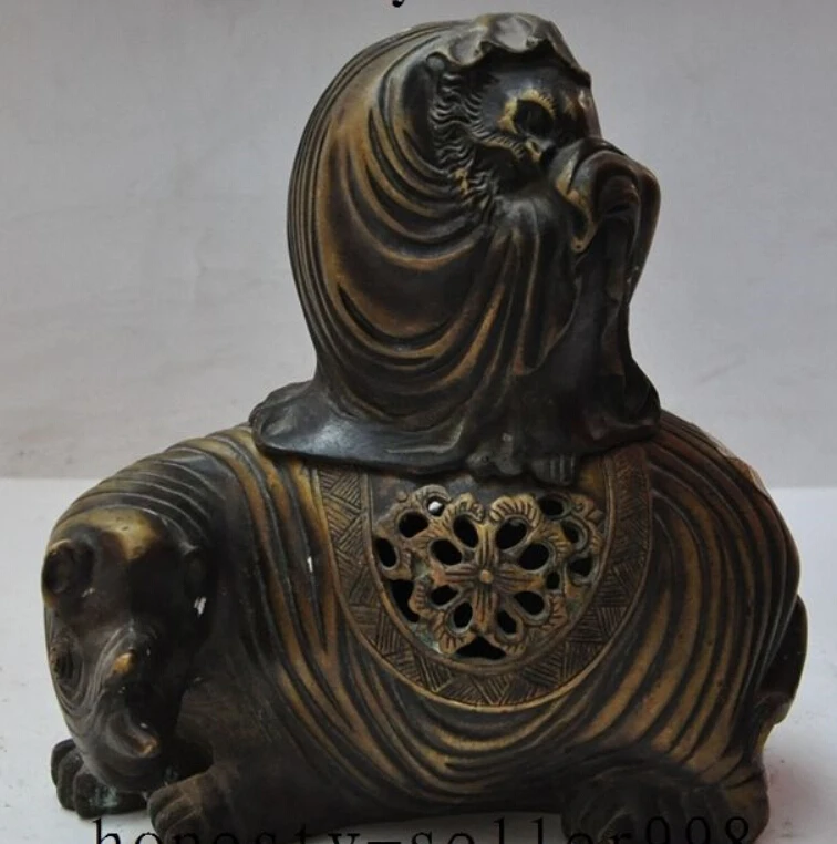 

7"China Bronze Arhat DaMo Buddha ride ox Rhinoceros statue incense burner Censer