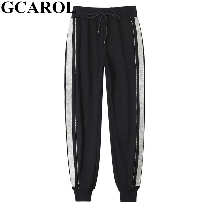 

GCAROL 2019 New Rhinestone Drawstring Harm Pants Side Bling Bling Ankle Length Streetwear Stretch Spring Fall Knit Pants