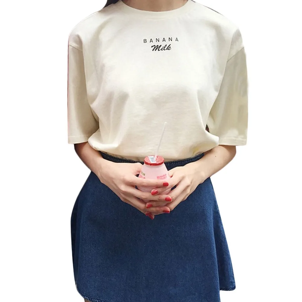 2016 Summer Kawaii T shirts Banana Milk Letters Printed Women Shirts Short Sleeve Casual Tees Pink /beige poleras de mujer