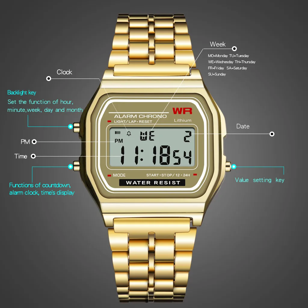 Men Sport Watch LED Digital Waterproof Quartz Wrist Watch Dress Golden Wrist Watch Women Men Masculino Relogio Watch Clock C20 - Цвет: GD