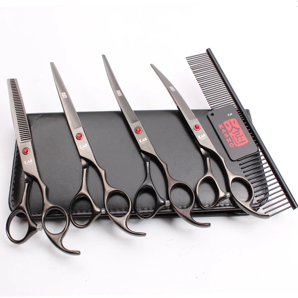 

H3003 5Pcs 7'' 19.5cm JP 440C Gold Professional Pets Hair Shears Comb+Cutting+Thinning Scissors+Curved Shears Dogs Flur Clippers