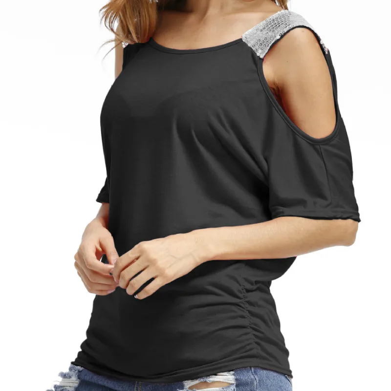 

Sexy Sequined TShirts Summer Women Loose Casual O-neck T-shirts Cold Shoulder Short Sleeve Solid Tops Shirts Plus Size GV679