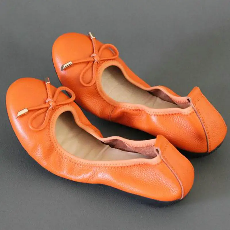 

High Quality Genuine Leather Shallow Mouth Super Soft Bow Ballet Dance Flats Metal Buckle Foldable Travel Flats Pregnant Shoes
