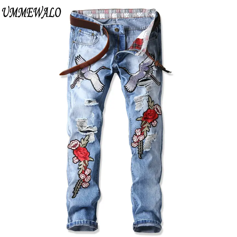 

UMMEWALO Luxury Embroidery Jeans Men Designer Denim Ripped Hole Jeans Male Slim Straight Patchwork Jeans Homme Vaqueros Hombre