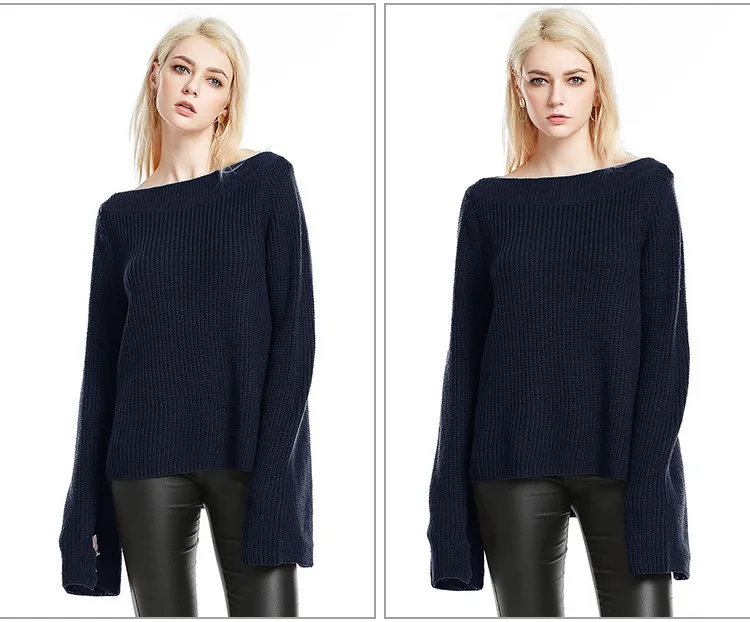 The new European and American large size women's burst section sweater collar solid color speaker sleeve bottoming shirt (15)