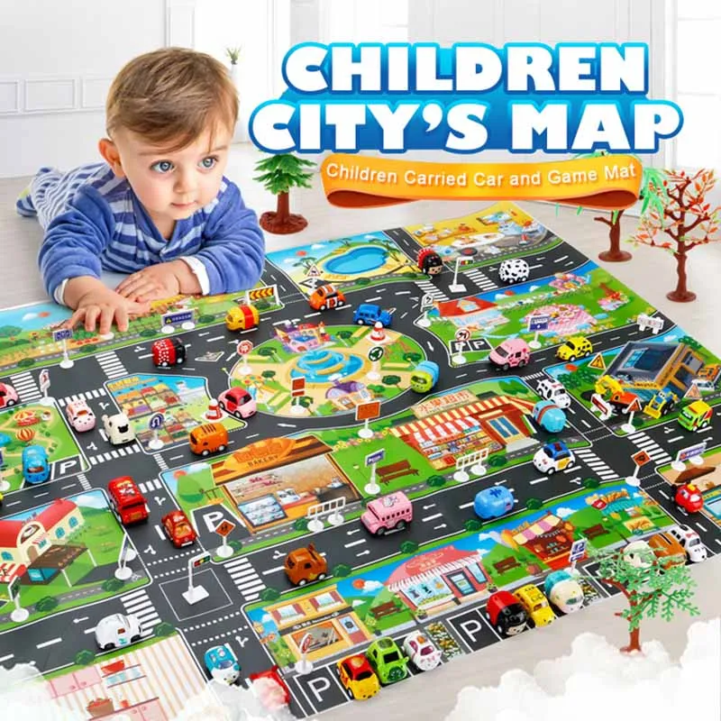 

Nordic Traffic Highway Map Baby Play Mat Educational Developing Children's Rug 130*100CM Gym Games Carpet With Alloy Car Toy