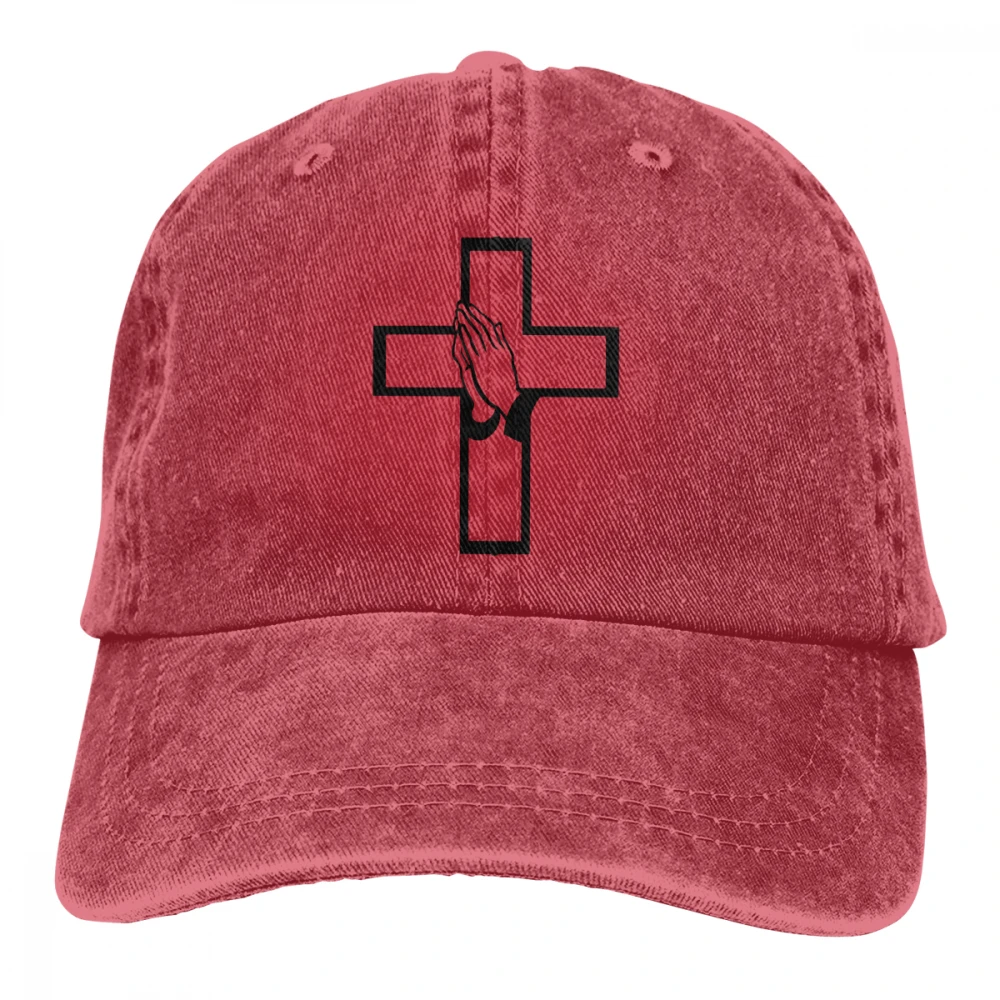 Руки, сложенные для молитвы и крест Casquette Красный унисекс Мужские Женские джинсовые бейсболка с ремешком кепки Регулируемый Гольф папа шляпа