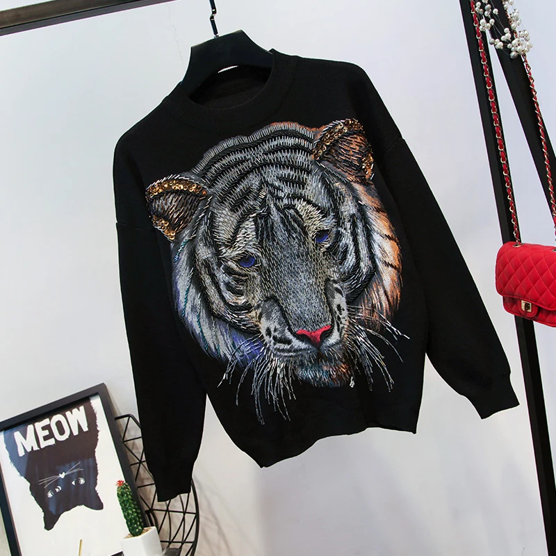 gris Automne Perles 2018 De Mode Pièces Deux Tête Chandail Pull Vêtements Noir Ensemble Lâche Femmes Pantalon Tricoté Nouvelles Tigre Hiver qXzzwHCS