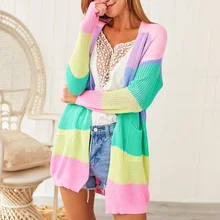 Осенне-зимнее вязаное Женское пальто, вязаный кардиган в полоску с радужным принтом, свитер с цветными блоками, с открытым передом, с длинным рукавом, кимоно